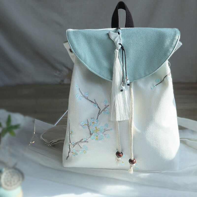 Canvas Embroidered Flower Backpack Tassel Casual Bundle Girls Mouth Bag Womens
