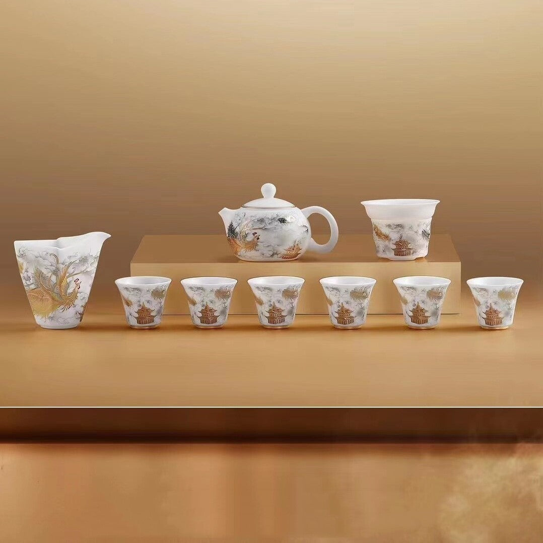 Boutique Tea Set Fat Mutton Jade Porcelain Teapot Gaiwan Hand Drawing Dragon Cup