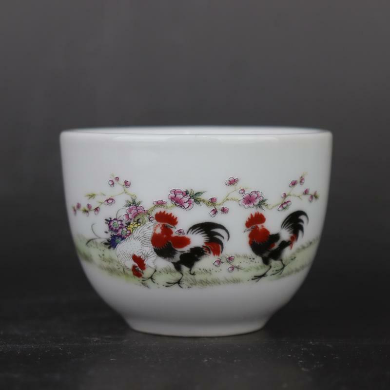 Chinese Famille Rose Porcelain Qing Qianlong Cocks Design Teacup Cup 2.9 inch