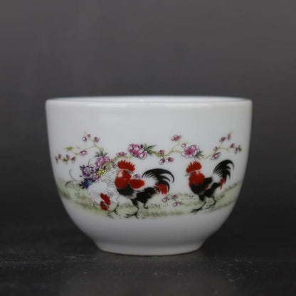 Chinese Famille Rose Porcelain Qing Qianlong Cocks Design Teacup Cup 2.9 inch