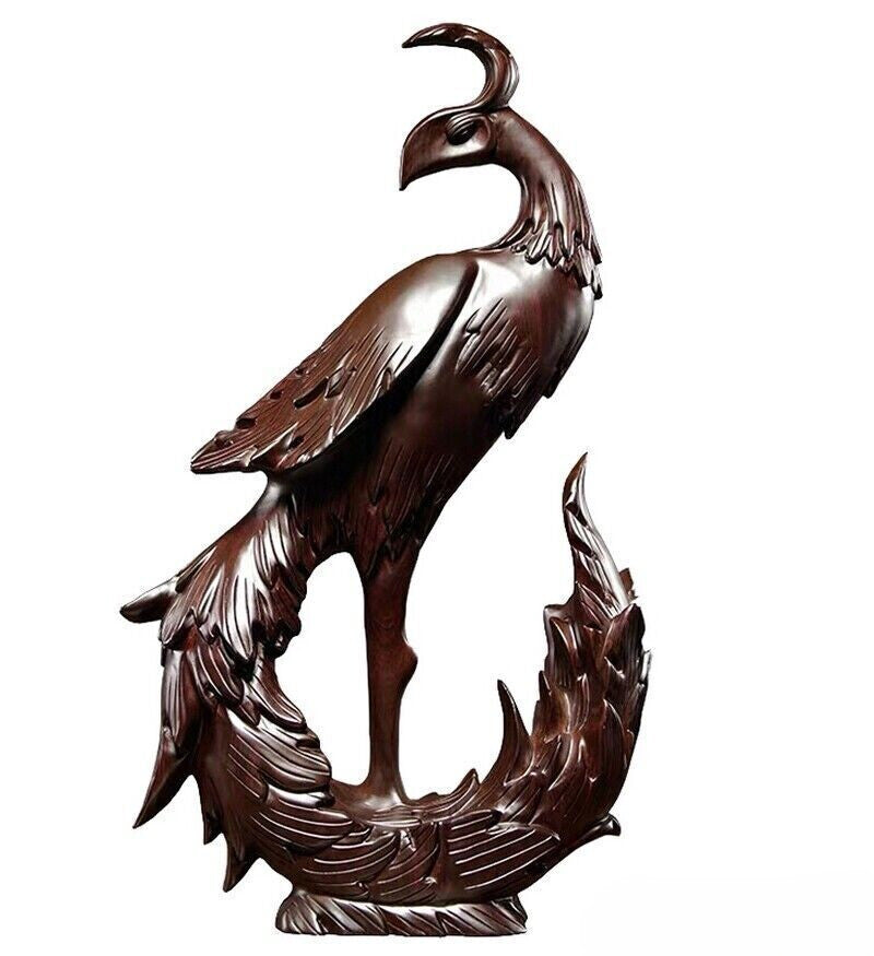 Solid Ebony Wood Carved Chinese Phoenix Statue Sculpture Feng Shui Decor