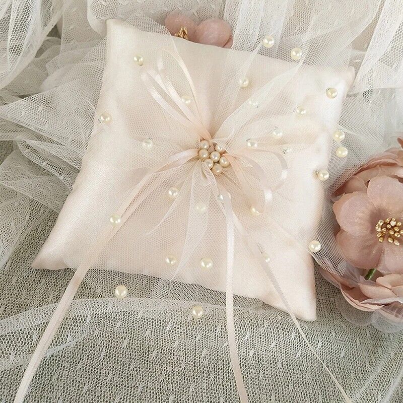 Wedding Ring Pillow Lace Ribbon Satin Cushion W/ Heart Rhinestones Decor 15x15cm