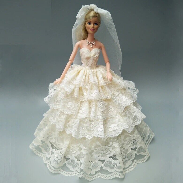 Doll Wedding Dress Western-Style Bride White Gown Veil Girls Kid Toys 29cm Cloth