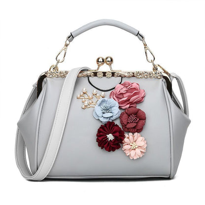 Vintage Flowers Two Straps Shell Lock Bag Synthetic Leather Tote Handbag Purses