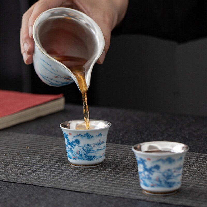 Complete Tea Set Pure Silver Ceramic Gaiwan Matching Tea Cup Pitcher Filter Net
