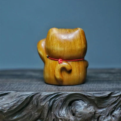 Miniature Wood Carving Lucky Cat Ornaments Office Desk Accessories Decor