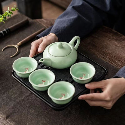 New Set Chinese Celadon Porcelain Teapot With Fish Tea Cup