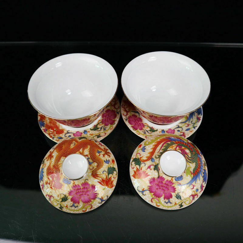A Pair Chinese Porcelain Gold-painted Pastel Dragon Phoenix Pattern Tea Bowls