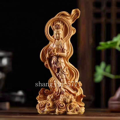 Chinese Cypress Wood Hand-carved Avalokiteshvara Buddhism Kwan-yin Lotus Statue