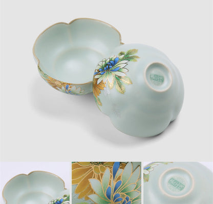 Complete Tea Set Boutique Ruyao Craft Flower Relief Tea Pot Gaiwan Tea Cups Bowl