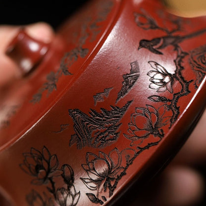 Hand Carved Real Yixing Zisha Dahongpao Clay Tea Pot Bird Branch Engraved 130ml