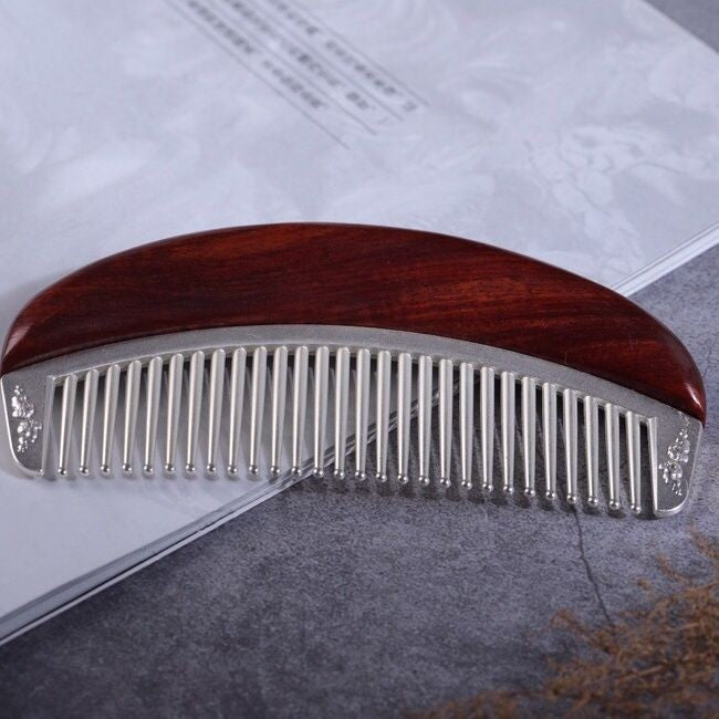 African Red Sandalwood Comb Alloy Silver-Plated Portable Chinese Meridian Comb