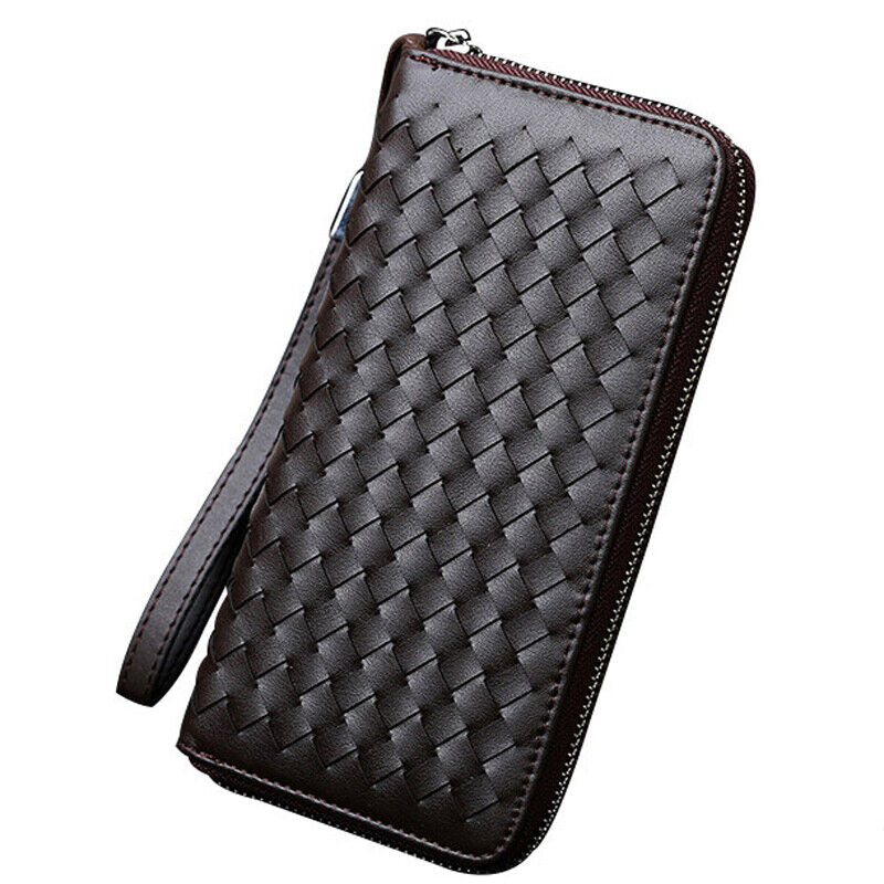 Men's Long Wallet New Designer Weaving Clutch Wallet Microfiber Leather Bag