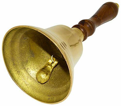 Large School Bell, Polished Brass Metal Handbell, Gold Color with Wooden Handle