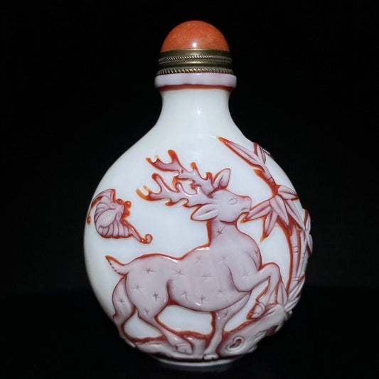 collections Old Beijing chinese glass snuff bottle carved crane statue deer nice
