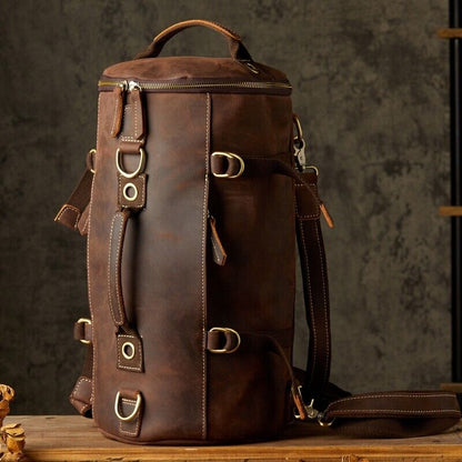 Top Cowhide Leather Travel Bag, Men Duffel Luggage Gym Sport Motorcycle Backpack