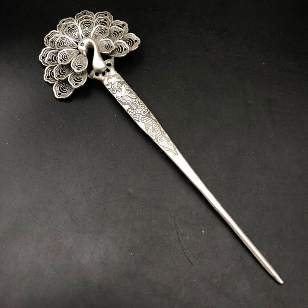 Old Chinese Tibet silver handcarved Phoenix hair hairpin 489