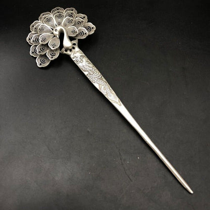 Old Chinese Tibet silver handcarved Phoenix hair hairpin 489