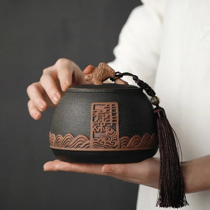 Traditional Pottery Tea Jar Ceramic Storage Jar Portable Sealed Tea Jar -
