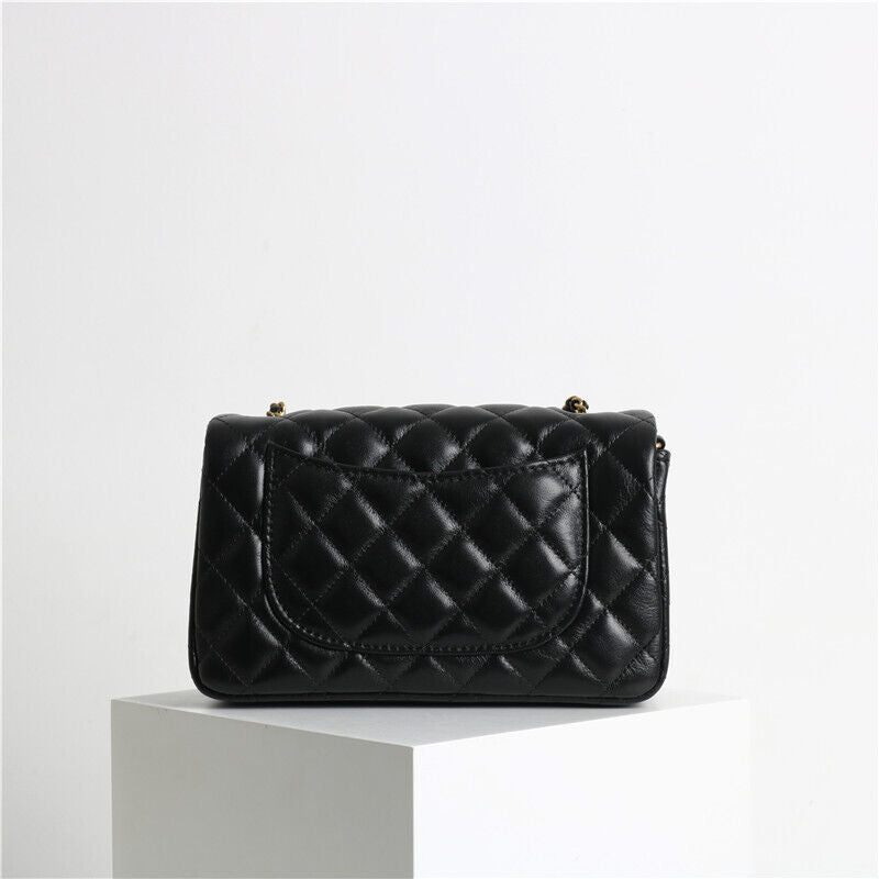 Quilted Real Leather Small Flap Purse Handbag Shoulder Bag w/ Chain Clutch Pouch
