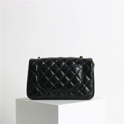 Quilted Real Leather Small Flap Purse Handbag Shoulder Bag w/ Chain Clutch Pouch