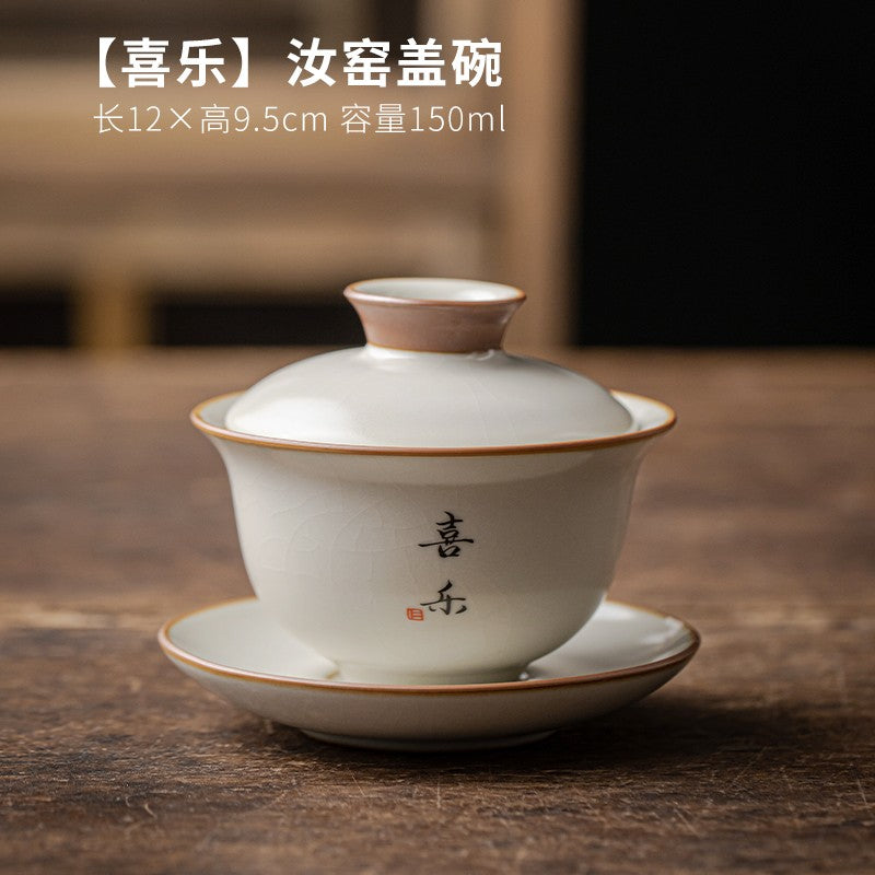 Ru Kiln Three Cai Gaiwan Ceramic Tea Bowl Tea Set Handwriting