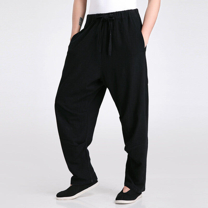 Men Chinese Kung Fu Pants Martial Art Linen Tang Suit Trouser Elastic Waist Long