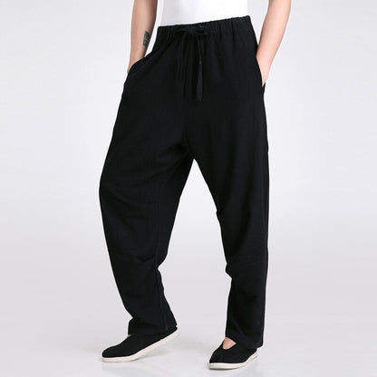 Men Chinese Kung Fu Pants Martial Art Linen Tang Suit Trouser Elastic Waist Long