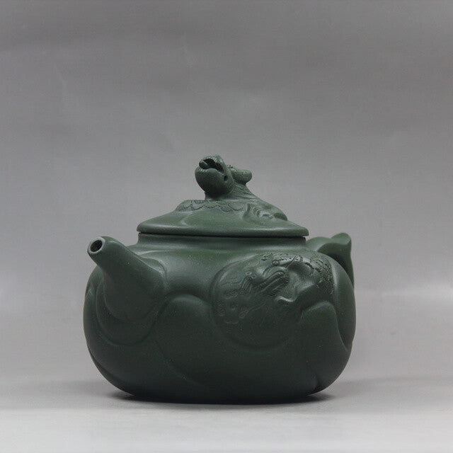 6.6” Collect Chinese Yixing Zisha Pottery Green Clay Handmade Fish Dragon Teapot