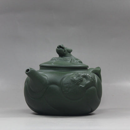 6.6” Collect Chinese Yixing Zisha Pottery Green Clay Handmade Fish Dragon Teapot