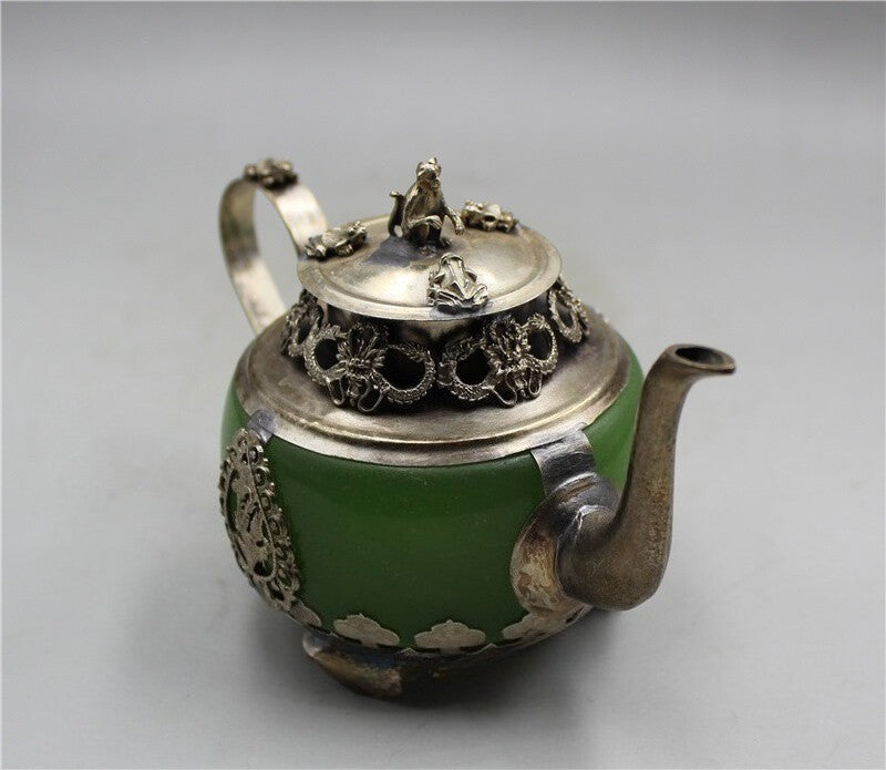 China Old Tibetan Silver Inlay Jade Hand Carved Dragon Teapots Collection