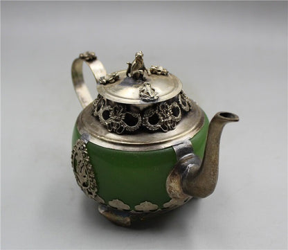 China Old Tibetan Silver Inlay Jade Hand Carved Dragon Teapots Collection