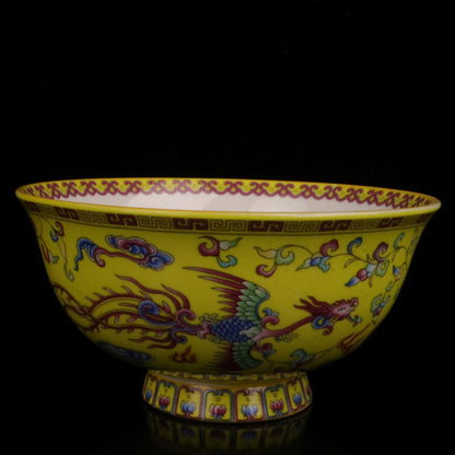 Chinese Famille Rose Porcelain Handmade Yellow Dragon Phoenix Small Bowl