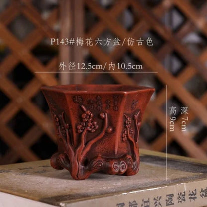 Purple Sand Plum Blossom Flower Pattern Bonsai Pot Tradition China Carved