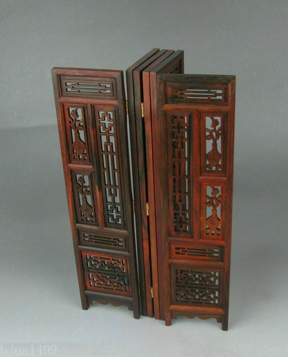 9.7" Rosewood Wood Carved Flower Design Small Folding Screen HomeDesign