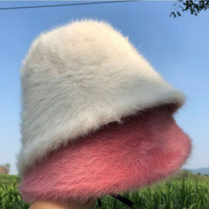 Hat Winter Women Solid Color Rabbit Fur Bucket Cap Fisherman Retro Knitted Wool