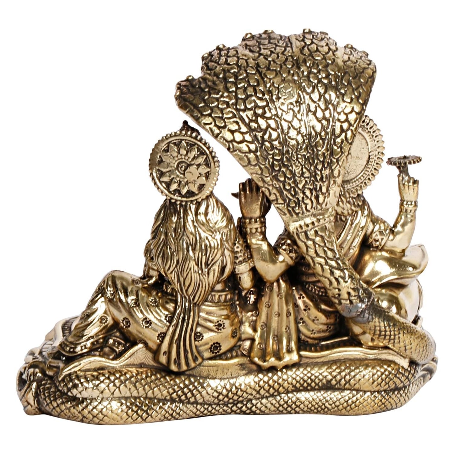 Hindu God Brass Lord Lakshmi Vishnu Idol Seated on Sheshnag Idol Figurine