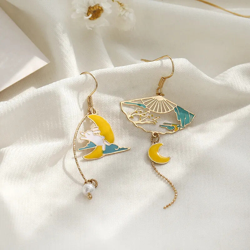 Chinese Style Folding Fan Carp Lotus Asymmetrical Long Tassel Dangle Earrings