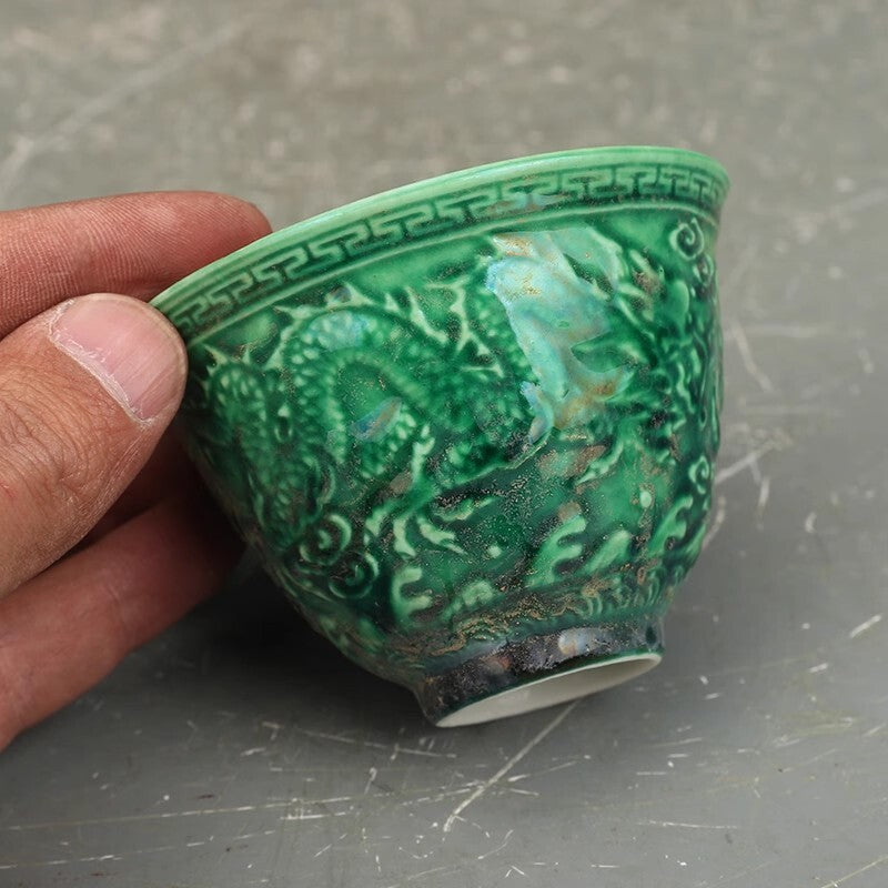 Chinese Ming Chenghua Green Glaze Porcelain Carved Dragon Design Teacup Cup 2.8"