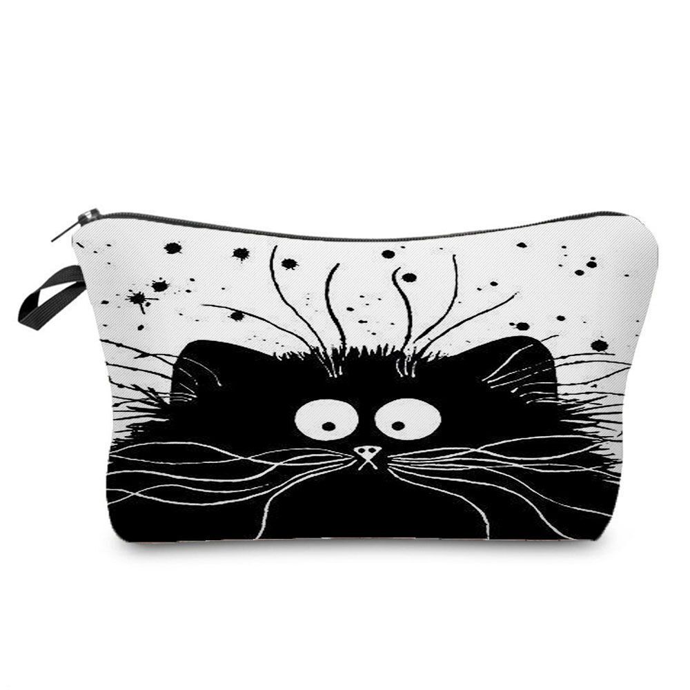 Makeup Bag Travel Storage Purse Mini Toiletry Bags Black Cat Print Cosmetic Case