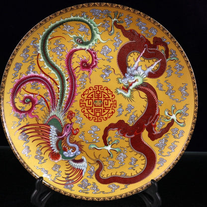Old Chinese powder color porcelain Dragon phoenix pattern plate yellow Qianlong