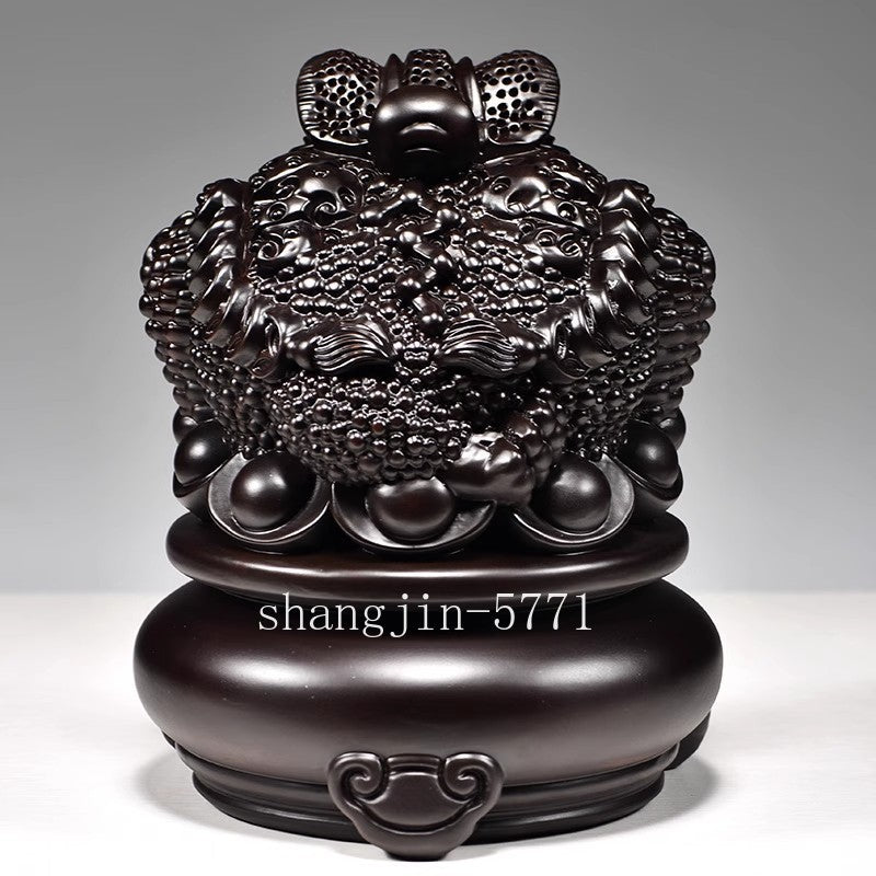 8" Ebony Wood Carved 3 Legged Toad Statue Lucy Frog Ingot Statue Feng Shui Decor