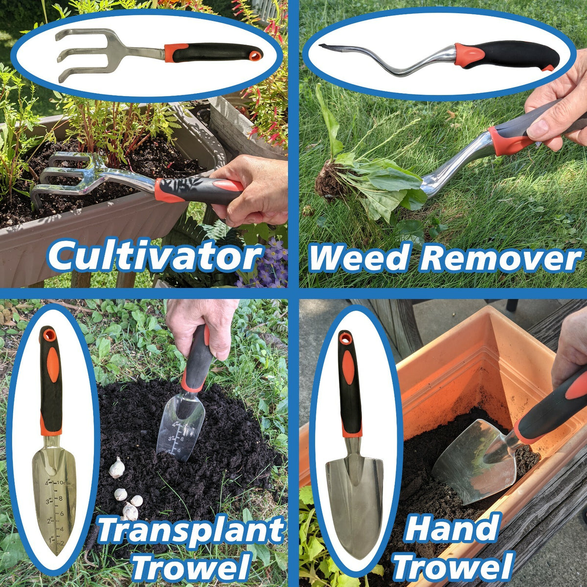 Set of 4 Gardening Tool Set - Cultivator, Transplant & Hand Trowel, Weed Puller