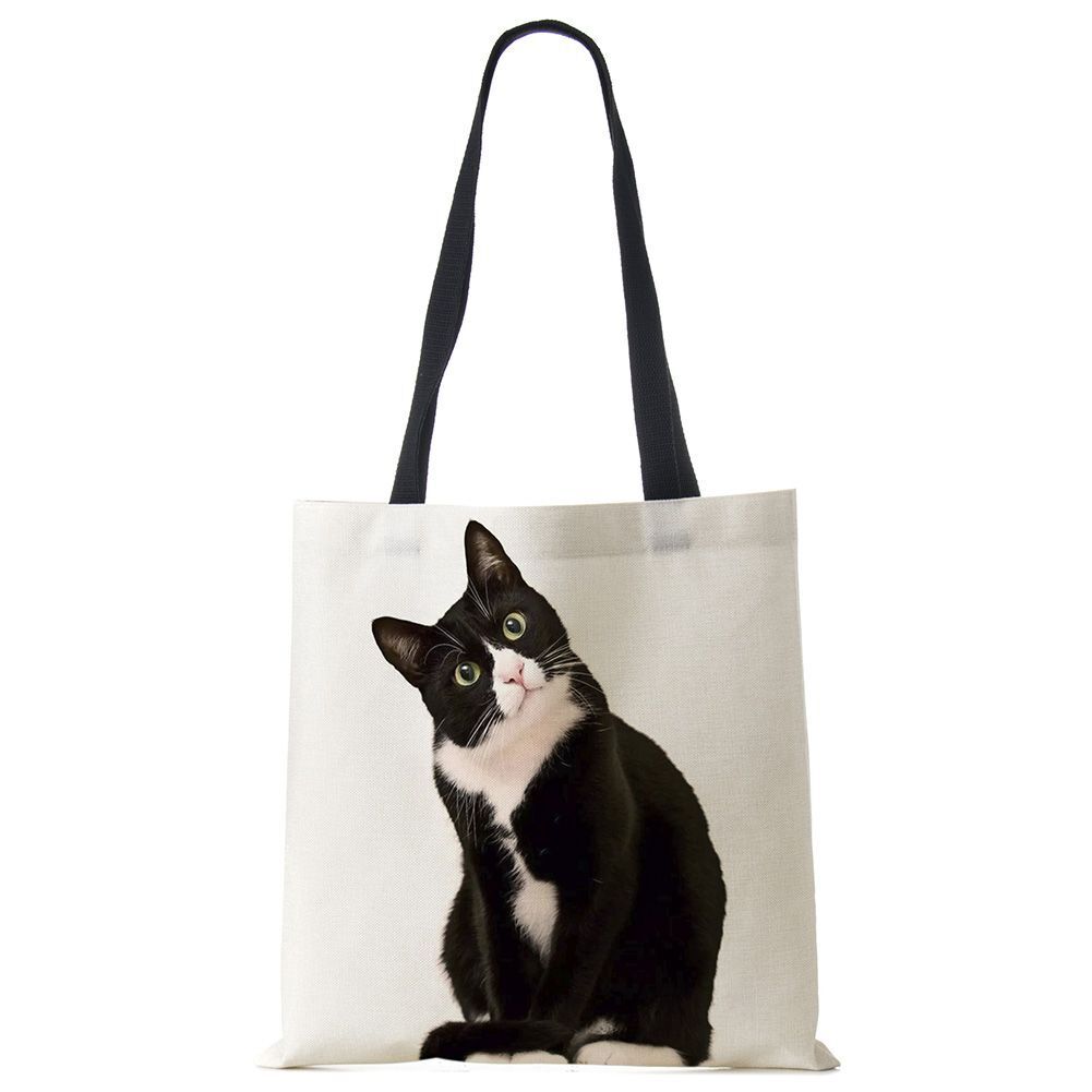 Tote Bags Black Cat Printed Linen Fabric Eco Handbag Shopping Reusable Shoulder
