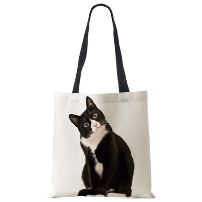 Tote Bags Black Cat Printed Linen Fabric Eco Handbag Shopping Reusable Shoulder
