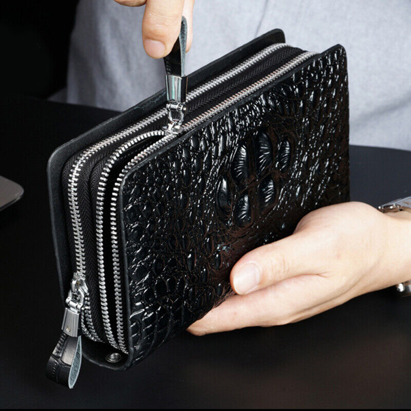 Business Clutch Bag Leather Crocodile Mens Double Zipper Long Wallet Card Holder