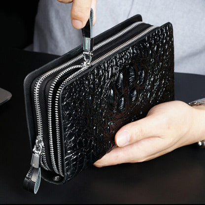 Business Clutch Bag Leather Crocodile Mens Double Zipper Long Wallet Card Holder