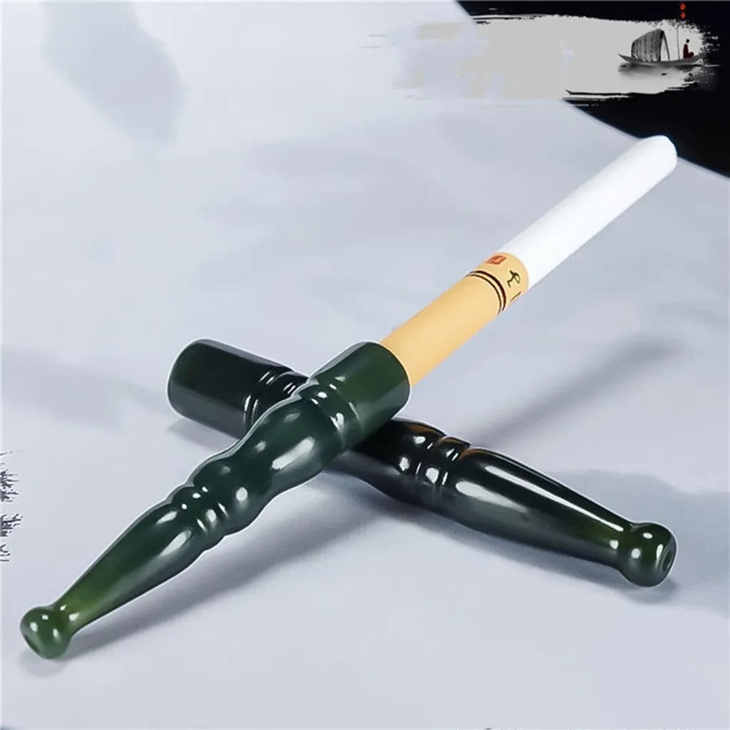 Natural Hetian Jade Cigarette Holder Green Jade Bamboo Joint Pipe Filter Gift