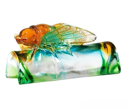 Chinese Liu Li Crystal Cicada Statue Figurine Paper Weight Decor