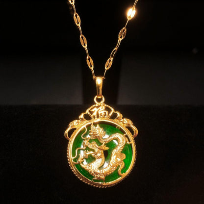 Green Jade Dragon Fengshui Luck Men Women Necklace Decoration